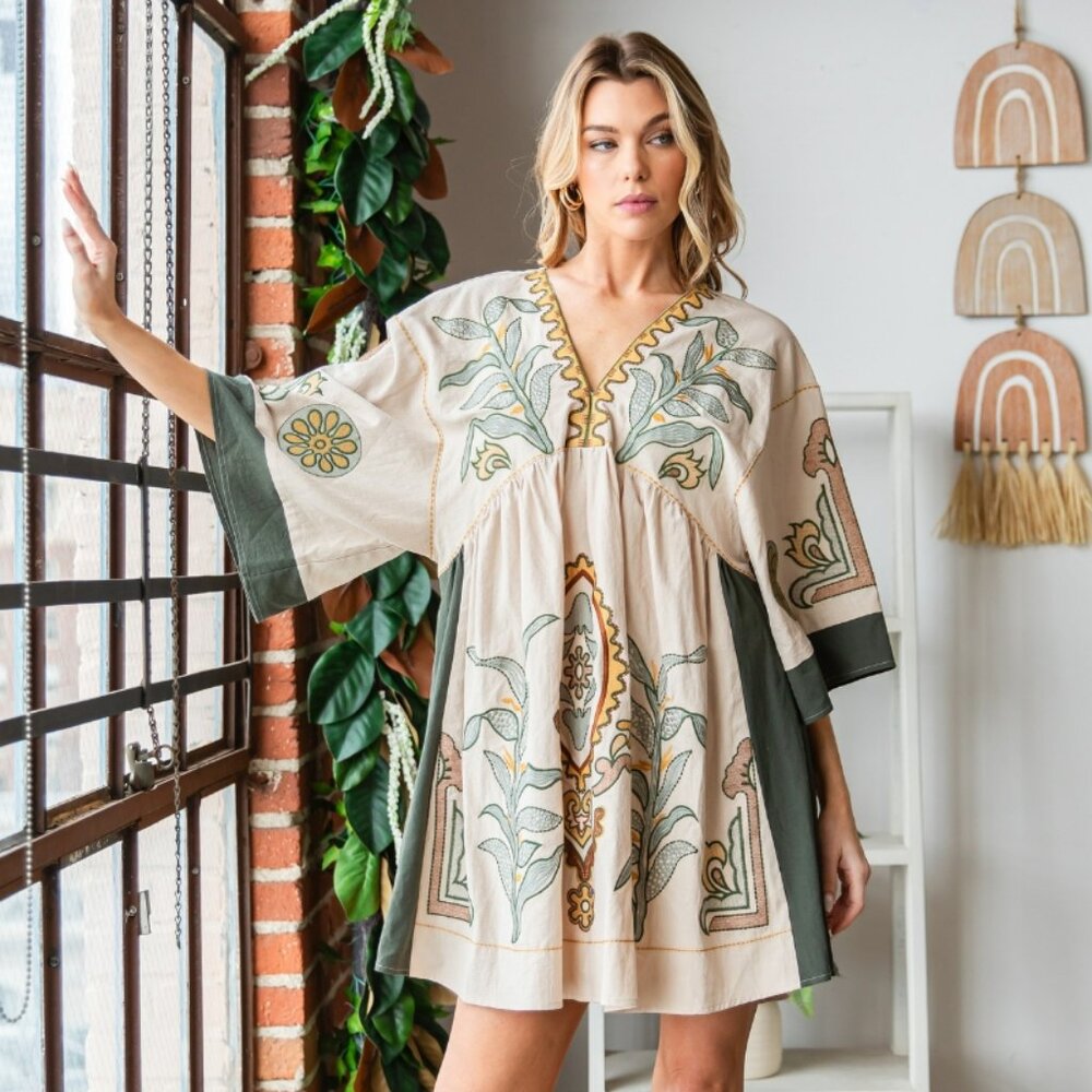 Floral Embroidered Cream and Olive Dress
